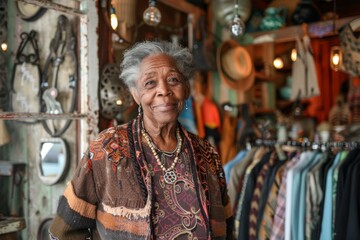portrait of an old Black lady as a business owner, standing proudly in her own boutique or store - obrazy, fototapety, plakaty