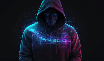 Generative AI double exposure a lone figure in a hoodie and power boxing, universes collide with neon, cyberpunk, holography, cosmic background. Anonymous man in a black hoodie hacking computer avatar