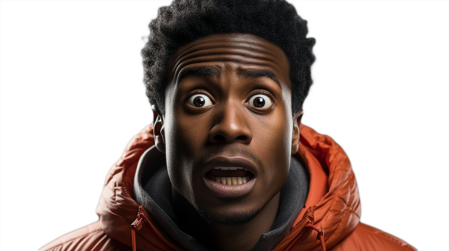 Close-up of an African American man with a scared face on a white or transparent background