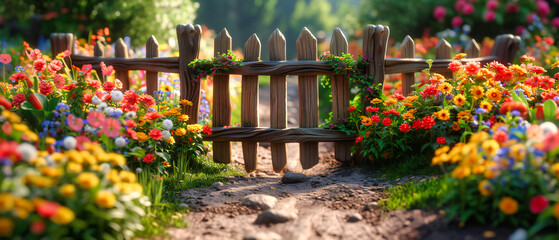Fototapeta na wymiar Beautiful Summer Garden with Colorful Flowers and a Wooden Fence, Capturing the Essence of Nature and Outdoor Beauty