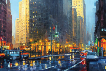 Oil paintings city landscape.  Beautiful city skyline view oil painting. Skyline city view. city landscape painting, background of paint. City landscape with beautiful buildings, roads, and lights.