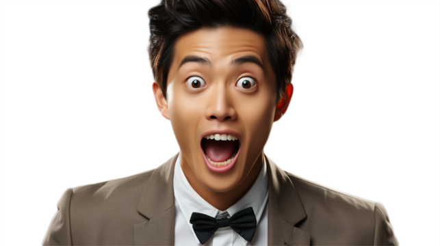 Portrait of a surprised asiatic man on a white or transparent background