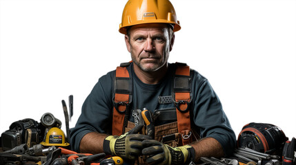 Fototapeta premium A worker in front of his tools on a white or transparent background
