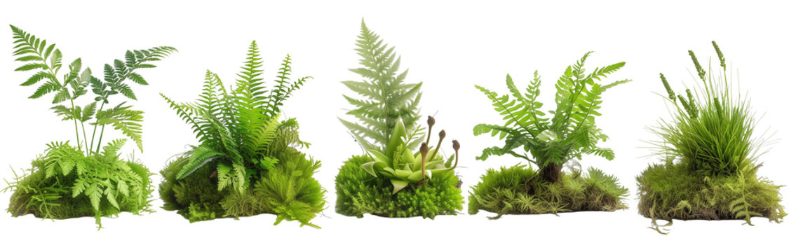 collection of ferns and moss, isolated on a transparent background