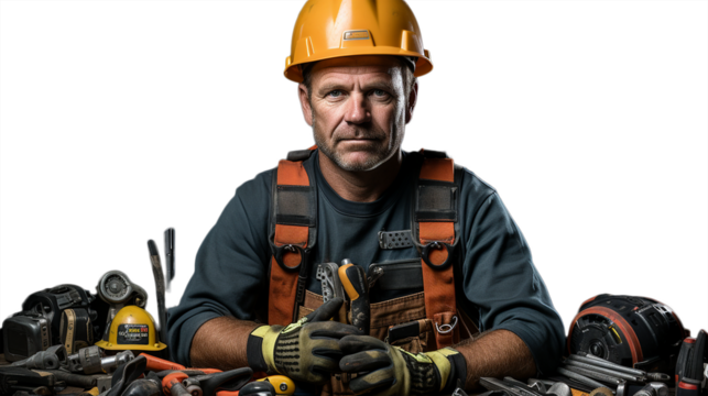 A worker in front of his tools on a white or transparent background