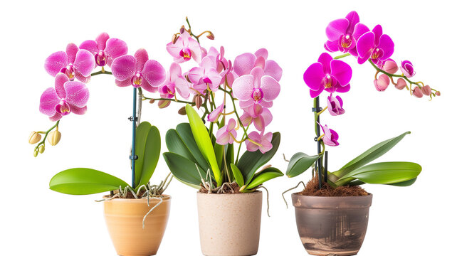 set of flowering orchids in various pots, isolated on a transparent background