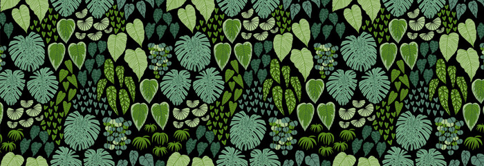 Seamless pattern with tropical leaves of different shapes. Vector illustration in flat style. Design for fabric etc. - obrazy, fototapety, plakaty