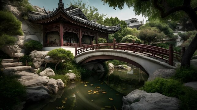 Capture an ultra-high-definition, photo-realistic image of a classic Chinese garden, showcasing a charming tea house, quaint bridges arching over gently flowing streams, and meticulous landscape des