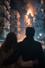 view from behind, a couple view the monument burning up of "las fallas" festivity in Valencia