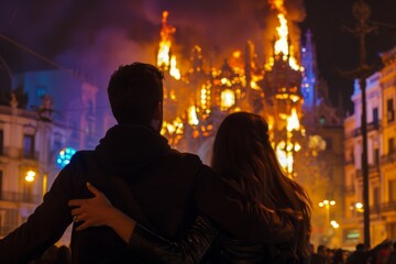 Obraz premium view from behind, a couple view the monument burning up of 