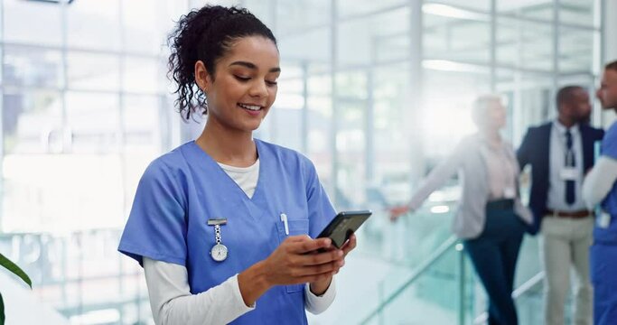 Happy woman, nurse and phone for social media, communication or networking at hospital. Female person or medical employee with smile on mobile smartphone for online chatting app, research or texting