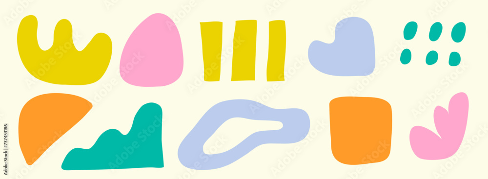 Poster set of abstract vector organic shapes. childish design elements. vary figures, kids simple cutout fo