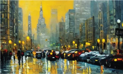 Zelfklevend Fotobehang Beautiful city skyline view oil painting. Oil paintings city landscape.  Skyline city view. city landscape painting, background of paint. City landscape with beautiful buildings, roads, and lights. © Usama
