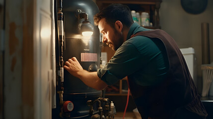 A technician inspecting and repairing a malfunctioning water heater in a basement. 