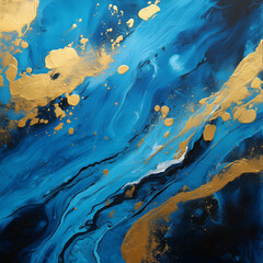 Fototapeta na wymiar Captivating Acrylic Painting: Striking Gold and Blue Palette
