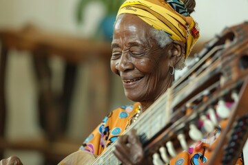 Fototapeta na wymiar spirited elderly Black woman learning to play a musical instrument, her joy in learning something new palpable