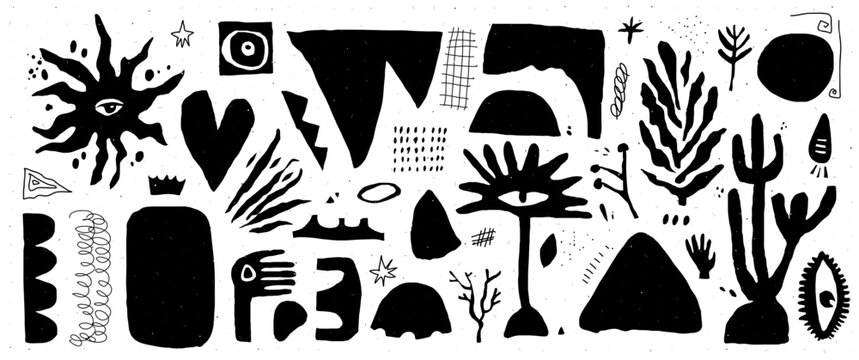 Doodles with abstact shapes. Hand drawn scribble with plants and punk hand and leaf. Y2k trendy zin art. Vector grunge illustration. New school