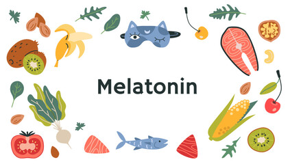 Frame with foods best sources of Melatonin. Fruits, vegetables and fish set. Concept of sleep disorder treatment, insomnia and sleeping problems. Isolated cartoon vector illustration, flat design