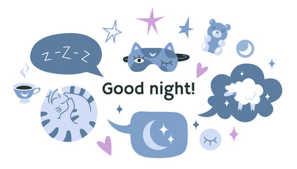 Good night banner. Healthy sleep, recovery and relaxation concept. Isolated cartoon vector illustration, flat design