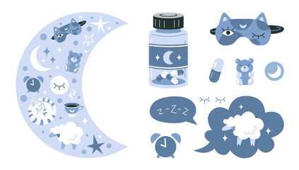 Crescent moon, stars, jar of Melatonin or sleeping pills and things to help you fall asleep quickly. Healthy sleep, rest and treatment of insomnia.  Isolated cartoon vector illustration, flat