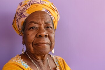 senior Black woman wearing a headwrap, her expression serene, against a lavender-colored background