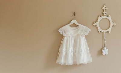Elegant white lace dress for a baby baptism, hung on white hanger over beige soft background, sense of purity and tradition.