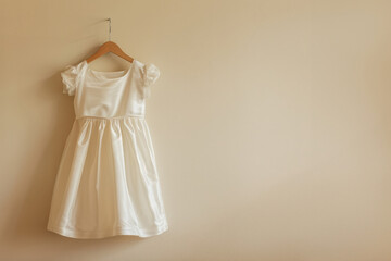 Elegant white lace dress for a baby baptism, hung on white hanger over beige soft background, sense of purity and tradition.