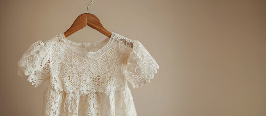 Elegant white lace dress for a baby baptism, hung on white hanger over beige soft background, sense of purity and tradition.