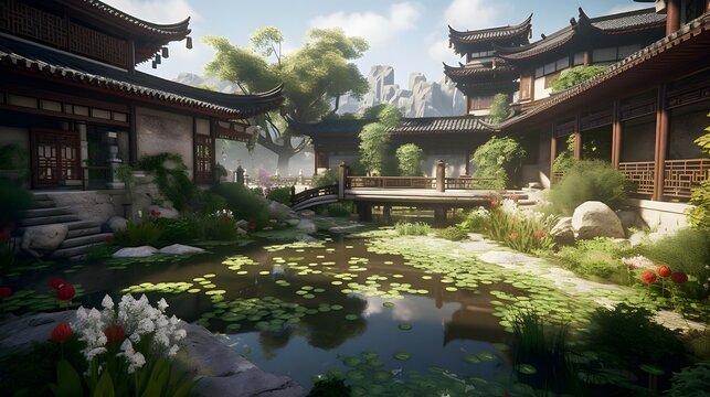 Capture a stunning UHD image of a modern Chinese-style courtyard, no larger than 100 square meters, featuring a cozy tea house, quaint bridges arching over gently flowing streams, and intricate land