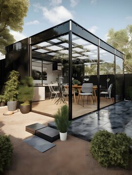 an outdoor terrace and garden in a modern design, in the style of vray tracing, contemporary glass, cabincore, dark sky-blue and light black, instax film, uhd image, modular construction a rendered