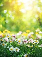 A vibrant scene of white daisies flourishing in a sun-drenched meadow. The warm sunlight creates a bokeh effect in the background, enhancing the natural beauty of the scene