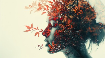 Double Exposure Portrait of a Woman Merged with Vibrant Autumn Leaves and Plants Landscape