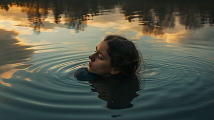 Fototapeta premium Woman enjoying a relaxing swim in clear blue water at sunset