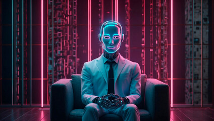 Artificial Intelligence in Psychology with chatbots acting as therapist psychologists. Neon robot psychologist sits on a sofa in cyberspace