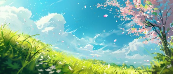 Fototapeta na wymiar An anime-style illustration depicts a whimsical spring scene with petals dancing in the wind. The vibrant colors and dynamic sky convey a feeling of joyful serenity