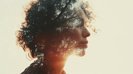 Silhouetted Woman Merged with Tranquil Nature Landscape