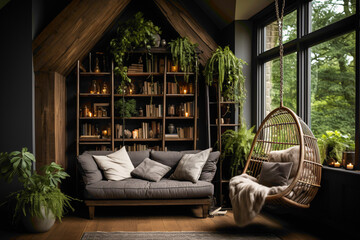 Picture a delightful corner where a graceful chest and a beautifully crafted swing invite you to unwind. 