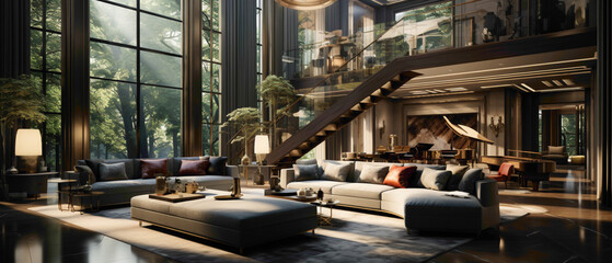 Picture an interior that defines modern sophistication, an attractive lounge with unique features that captivate the eye. Envision the harmonious blend of style and innovation in this space.