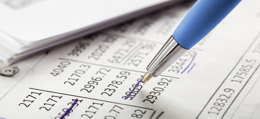 Accounting document with pen, money, coins and checking financial chart. Concept of banking, financial report and financial audit.