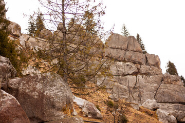 old Tustan rocks with moss in Ukraine