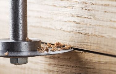 Circular saw cutting wooden plank. Circular milling in oak block.