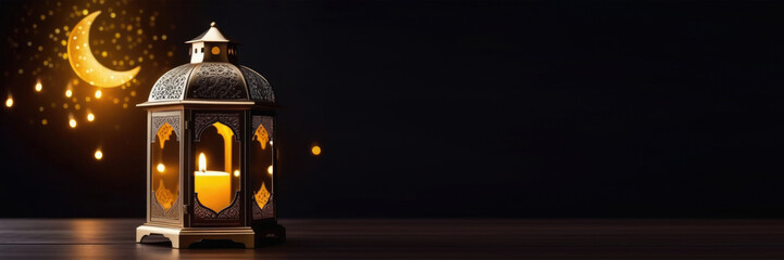 Eid al-Fitr, Laylat al-Qadr, holy month of Ramadan, Arabic lantern fanus, candles, magical atmosphere, dark background, moon moon and stars, horizontal banner, place for text - obrazy, fototapety, plakaty