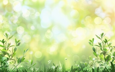 A lush carpet of greenery punctuated with delicate white flowers ushers in the verdant splendor of spring under a bokeh sunlight - obrazy, fototapety, plakaty