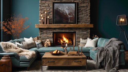 A charming farmhouse-inspired living room, featuring a rustic sofa adorned with fur pillows and blankets, positioned near a crackling fireplace against a soothing turquoise wall.