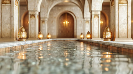 Ancient Spa Architecture, Blue Pool with Ornate Design, Historical and Cultural Interior Beauty