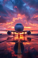 Modern cargo jet at the airport at sunset