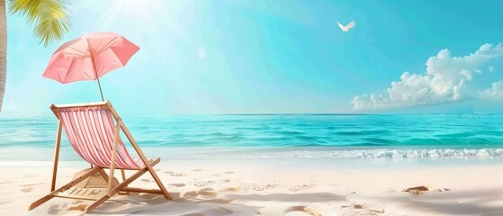 A pink deck chair and umbrella beckon a day of relaxation on a sandy beach, with the calm sea stretching to the horizon under a sunny sky