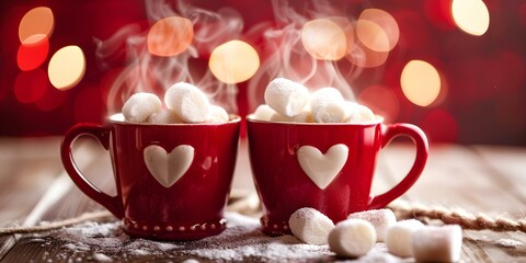 Obraz na płótnie Canvas Deliciously warm hot cocoa with heart-shaped marshmallows. Concept Winter Coziness, Heartwarming Treats, Marshmallow Love, Comfort in a Cup