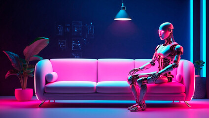 Artificial Intelligence in Psychology with chatbots acting as therapist psychologists. Neon robot psychologist sits on a sofa in cyberspace - obrazy, fototapety, plakaty