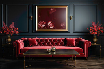 Picture a luxurious living room with a dark red sofa and a suitable table against an empty blank frame, creating an opulent space for customizable text.